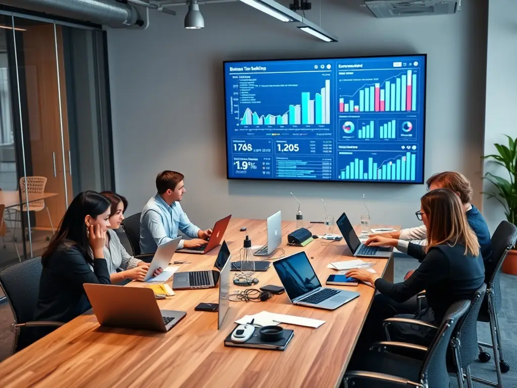 A team discussing technology solutions with laptops and digital tools in a modern office environment, focusing on technology integration.