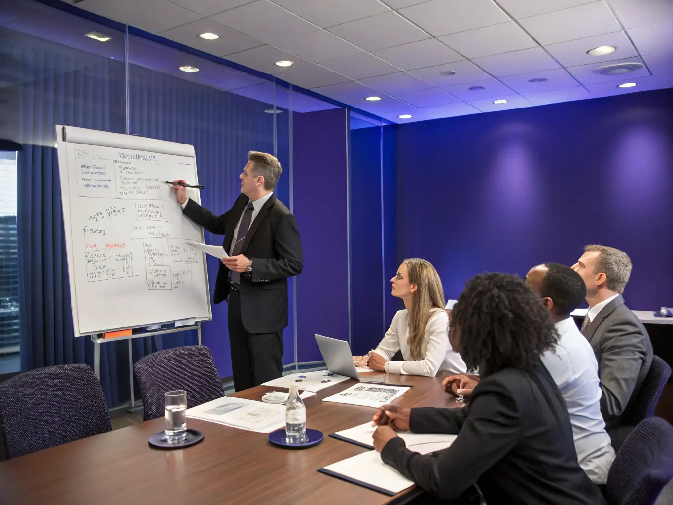 A consultant facilitating a strategic planning session with a small business leadership team, focusing on goal setting and actionable plans.